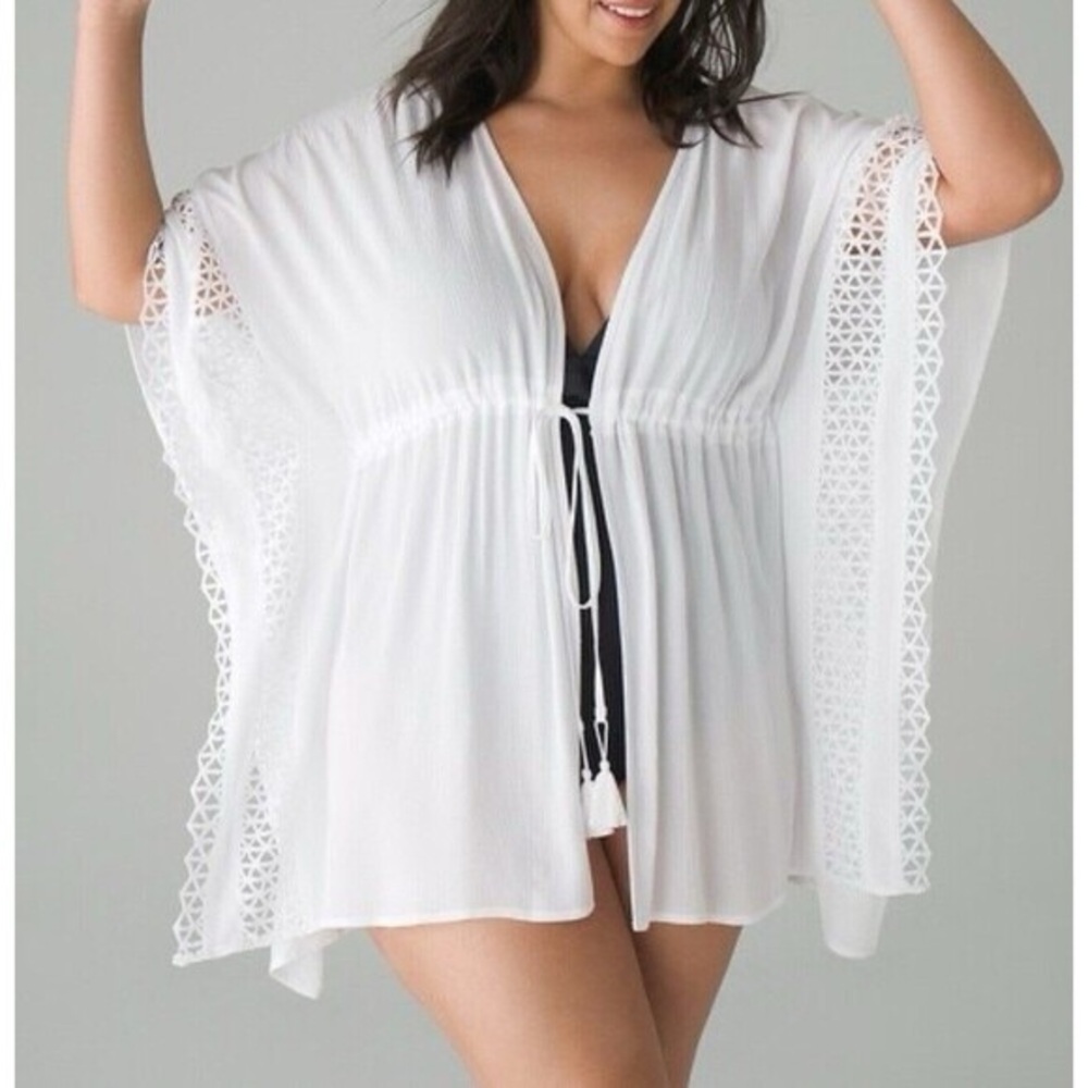Soma Swimsuit Cover Up Kaftan Tie Front Kimono White Crochet Beachy size M-L